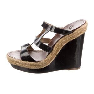 AUTH Christian Louboutin Jute Wedge Sole Black Strappy Patent Leather IT 39/US 9